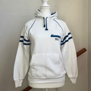 Vintage Jerzees Manhunter KLVTV Hoodie Sweatshirt White Blue Retro Small Graphic